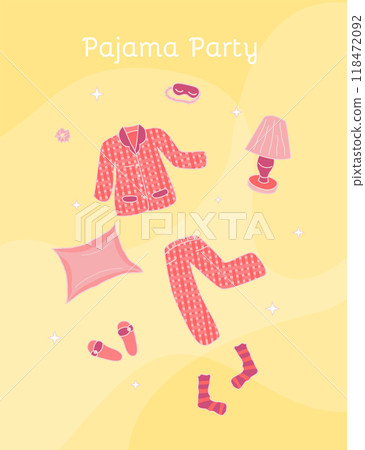 Cartoon Color Sleep Time Accessories with Elements Pajama Party Poster Concept Flat Design Style. Vector illustration 118472092