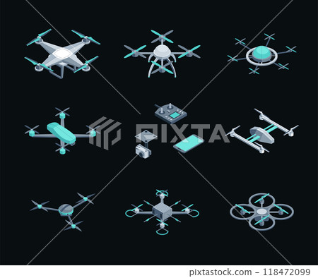 Color Unmanned Aerial Vehicles Set 3D Isometric View. Vector illustration of Drone with Camera for Monitoring and Control Color Unmanned Aerial Vehicles Set 3D Isometric View. Vector illustration of Drone with Camera for Monitoring and Control 118472099