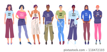 Cartoon Color Characters People and Gender Pronouns LGBTQ Community Gender Neutral Movement Concept Flat Design Style. Vector illustration 118472103
