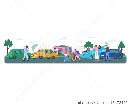 Cartoon Color Characters People and Car Accident Damaged Transport Concept Flat Design Style. Vector illustration of Drivers and Broken Auto 118472111