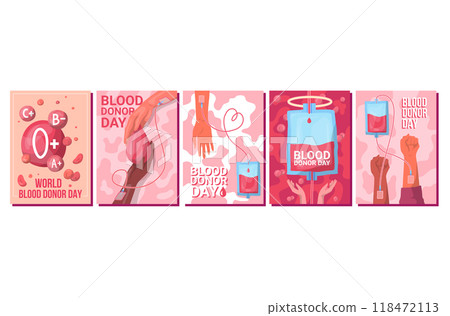Cartoon Color Blood Donation Poster Card Set World Donor Day Concept Flat Design Style. Vector illustration 118472113