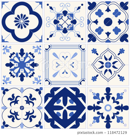 Portuguese and Spain Original Traditional Decor Pattern Blue and White. Vector illustration of Seamless Patchwork Tile 118472129