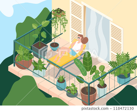 Cartoon Color Character Girl on Balcony with House Plants Rest Concept Flat Design Style. Vector illustration of Woman Relaxing 118472130