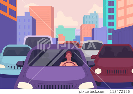 Cartoon Color Cars with People Stuck in Traffic Concept Flat Design Style. Vector illustration of Rush Hour Problem in City 118472136