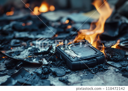 Pieces of a fire damaged pager scattered on walkway, surrounded by small flames and ash Pieces of a fire damaged pager scattered on walkway, surrounded by small flames and ash 118472142