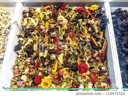 Mixed Dried Spices at Eastern Bazaar: Hibiscus, Green Tea, Rose Petals, Cinnamon, Cloves, Chamomile, Saffron Mixed Dried Spices at Eastern Bazaar: Hibiscus, Green Tea, Rose Petals, Cinnamon, Cloves, Chamomile, Saffron 118472328