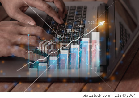 Young man hand with laptop and graph financial transaction, Financial transactions Young man hand with laptop and graph financial transaction, Financial transactions 118472364