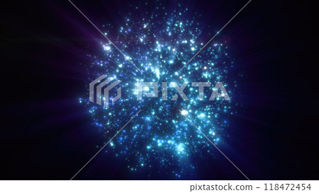 Abstract blue glowing energy sphere molecule nucleus atom round background with flying blurred dots bokeh particles 118472454