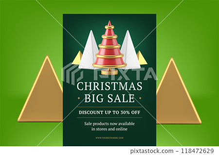 Christmas sale promo flyer template decorative spruce bauble design realistic 3d icon vector 118472629