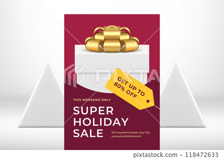 Christmas sale premium gift box golden bow design promo flyer template realistic 3d icon vector Christmas sale premium gift box golden bow design promo flyer template realistic 3d icon vector 118472633
