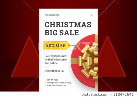 Christmas big sale shopping commercial offer promo flyer template gift box top view 3d icon vector 118472641