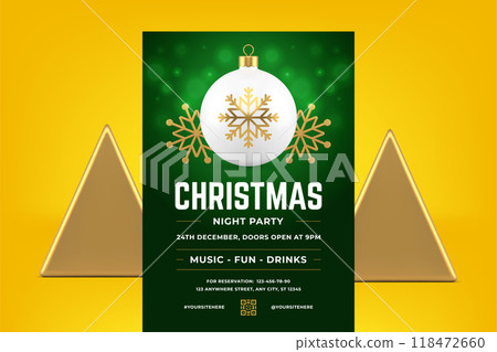 Premium green Christmas eve disco music party promo flyer template realistic 3d icon vector 118472660