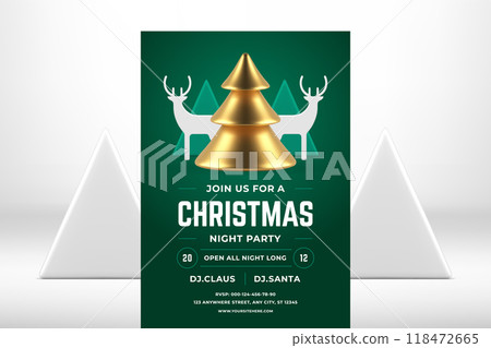 Green Christmas party advertising flyer template spruce horned deer bauble realistic 3d icon vector 118472665
