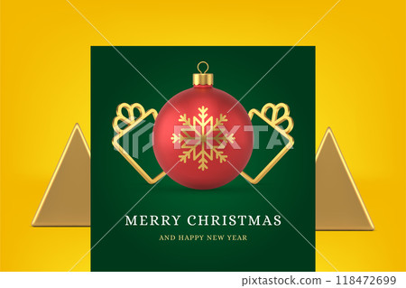 Congratulations Merry Christmas greeting card spruce ball toy gift box frame 3d icon vector 118472699