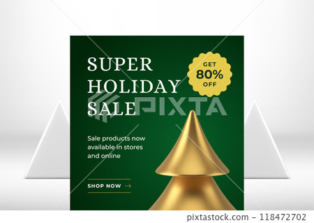 Winter holiday sale green decorative social media post template premium golden spruce 3d icon vector 118472702