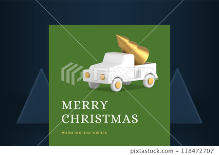 Winter holiday congratulations green greeting card pickup auto with spruce realistic 3d icon vector 118472707