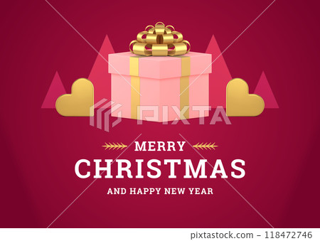 Pink romantic Merry Christmas greeting card festive gift box heart bauble realistic 3d icon vector 118472746