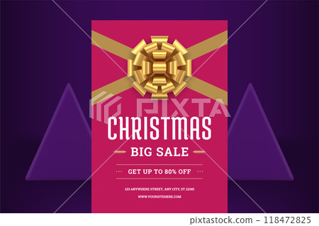 Pink fashion Christmas sale flyer template golden bow ribbon gift design realistic 3d icon vector 118472825