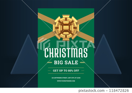 Premium green Christmas sale flyer template design golden gift bow realistic 3d icon vector 118472826