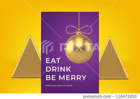 Premium hanged golden ball toy Happy winter holiday congrats greeting card realistic 3d icon vector 118472850