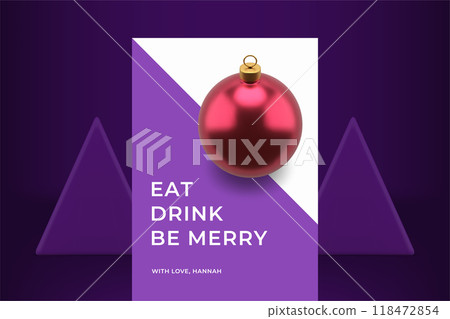 Stylish Merry Christmas congratulations greeting card glossy pink spruce ball design 3d icon vector Stylish Merry Christmas congratulations greeting card glossy pink spruce ball design 3d icon vector 118472854