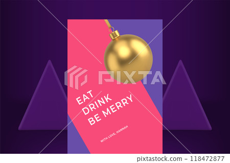 Happy New Year congratulations greeting card pink purple ornament design realistic 3d icon vector 118472877