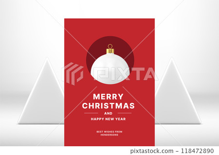 Classic red Merry Christmas greeting card white elegant ball toy realistic 3d icon vector 118472890