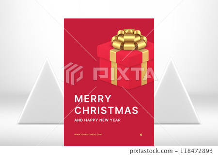 Red premium Merry Christmas greeting card festive gift box design realistic 3d icon vector Red premium Merry Christmas greeting card festive gift box design realistic 3d icon vector 118472893