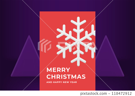 White ornamental snowflake Merry Christmas red greeting card template realistic 3d icon vector 118472912