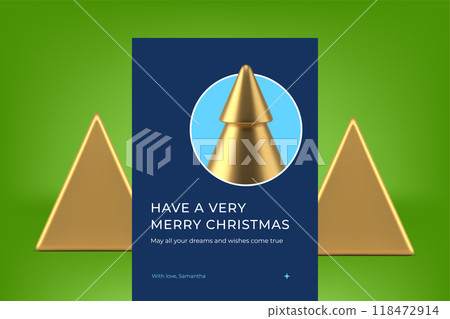 Golden Christmas tree bauble decorative Merry Xmas greeting card template realistic 3d icon vector 118472914