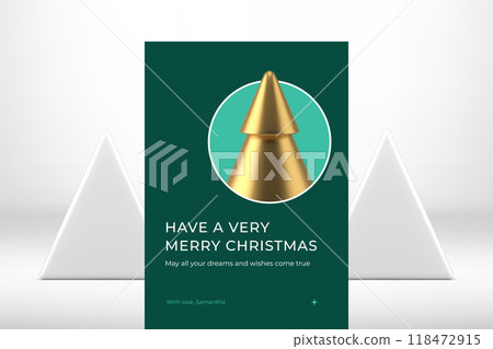 Merry Christmas green modern greeting card template premium spruce bauble realistic 3d icon vector 118472915