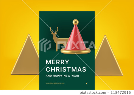 Happy New Year and Merry Christmas greeting card template modern design realistic 3d icon vector 118472916