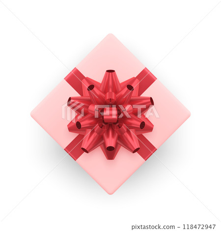 Pink gift box tied glossy red big bow top view 3d realistic vector illustration Pink gift box tied glossy red big bow top view 3d realistic vector illustration 118472947