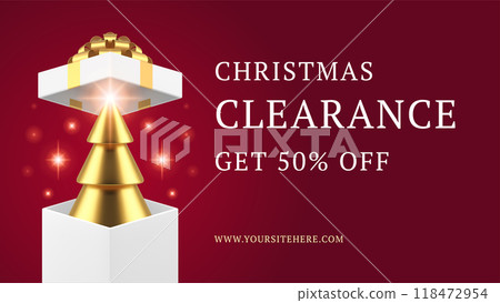 Christmas clearance seasonal sale red banner template spruce in gift box realistic 3d icon vector 118472954