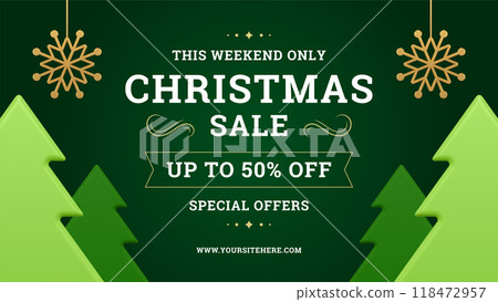 Christmas sale decorative banner template green fir trees and snowflakes toy 3d icon vector Christmas sale decorative banner template green fir trees and snowflakes toy 3d icon vector 118472957