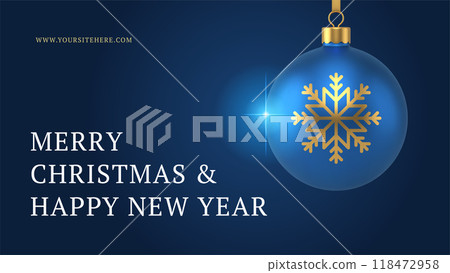 Merry Christmas blue glossy spruce toy ball snowflake shine particle banner template 3d icon vector 118472958