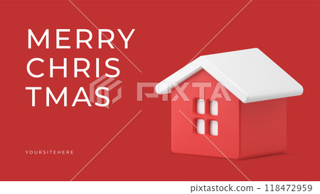 Happy New Year and Merry Christmas red congratulations banner with cozy winter hut 3d icon vector Happy New Year and Merry Christmas red congratulations banner with cozy winter hut 3d icon vector 118472959