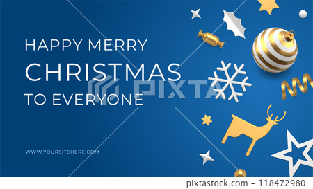Happy New Year congratulations blue web banner template with toy bauble realistic 3d icon vector 118472980