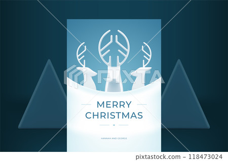 Happy New Year greeting card horned deer ornament bauble realistic 3d icon vector illustration 118473024