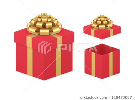 Luxury red open and closed gift box with golden big bow set realistic vector illustration Luxury red open and closed gift box with golden big bow set realistic vector illustration 118473097