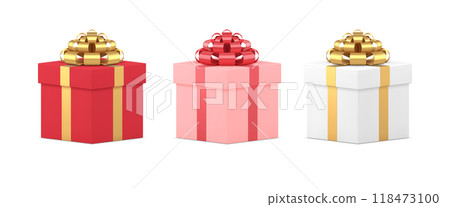 Collection luxury festive squared gift boxes wrapped by metallic bow ribbon 3d template vector Collection luxury festive squared gift boxes wrapped by metallic bow ribbon 3d template vector 118473100