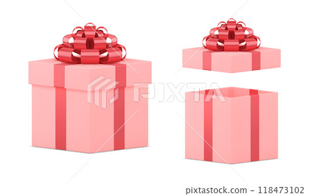 Unpacking girlish festive pink gift box with red bow ribbon 3d template realistic vector 118473102