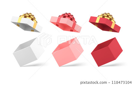 Collection open empty festive gift boxes with metallic bow ribbon 3d isometric realistic vector 118473104