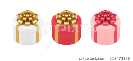 Collection circled closed festive wrapped gift boxes with classic metallic bow ribbon 3d vector 118473106