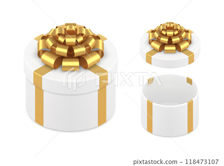 Realistic festive white elegant gift box decorated metallic golden bow ribbon 3d isometric vector Realistic festive white elegant gift box decorated metallic golden bow ribbon 3d isometric vector 118473107