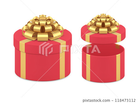 Red circled gift box metallic golden bow isometric 3d realistic vector illustration Red circled gift box metallic golden bow isometric 3d realistic vector illustration 118473112