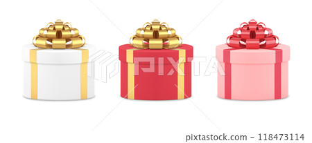 Cute realistic circled luxury gift boxes set decorated by metallic shiny bow ribbon 3d vector 118473114
