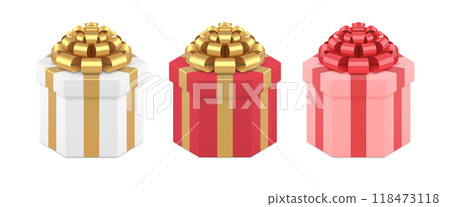 Collection polygonal festive wrapped gift box decorated by glossy metallic bow ribbon 3d vector Collection polygonal festive wrapped gift box decorated by glossy metallic bow ribbon 3d vector 118473118