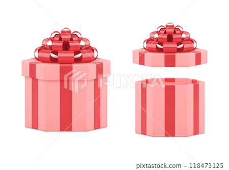 Elegant wrapped pink polygonal gift box decorated by luxury red glossy bow ribbon 3d blank vector Elegant wrapped pink polygonal gift box decorated by luxury red glossy bow ribbon 3d blank vector 118473125