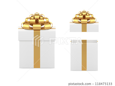 Classic expensive glossy wrapped white gift box decorated by golden metallic ribbon 3d blank vector 118473133